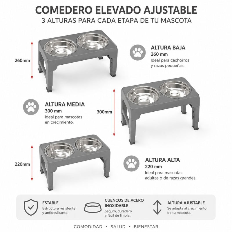 Comedero Elevado para Perros y Gatos Ajustable (8-30cm) Plegable con 2 Platos de Acero Inoxidable. Base Antideslizante Gris Mascotas (44x24cm)