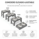 Comedero Elevado para Perros y Gatos Ajustable (8-30cm) Plegable con 2 Platos de Acero Inoxidable. Base Antideslizante Gris Mascotas (44x24cm)