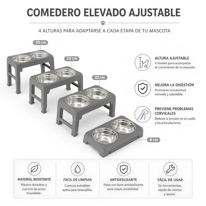 Comedero Elevado para Perros y Gatos Ajustable (8-30cm) Plegable con 2 Platos de Acero Inoxidable. Base Antideslizante Gris Mascotas (44x24cm)