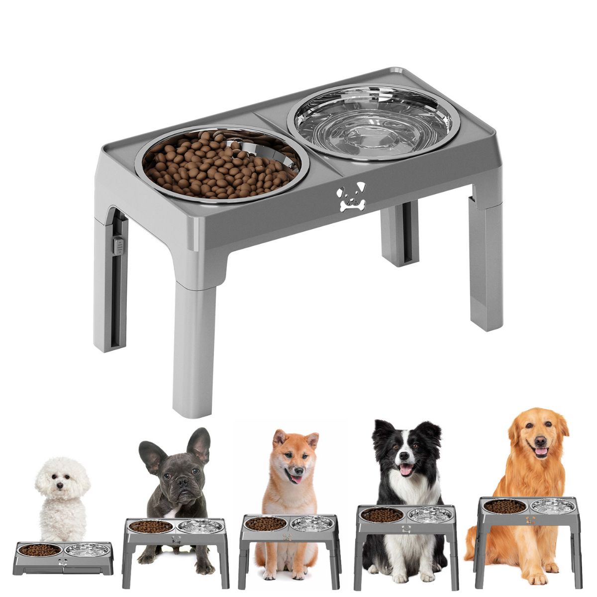 Comedero Elevado para Perros y Gatos Ajustable (8-30cm) Plegable con 2 Platos de Acero Inoxidable. Base Antideslizante Gris Mascotas (44x24cm)