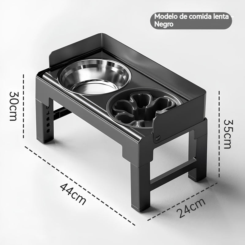 Comedero Elevado Antiderrame para Perros con Plato Comida Lenta Antiahogo Ajustable (21-29cm).(44x24cm) Negro