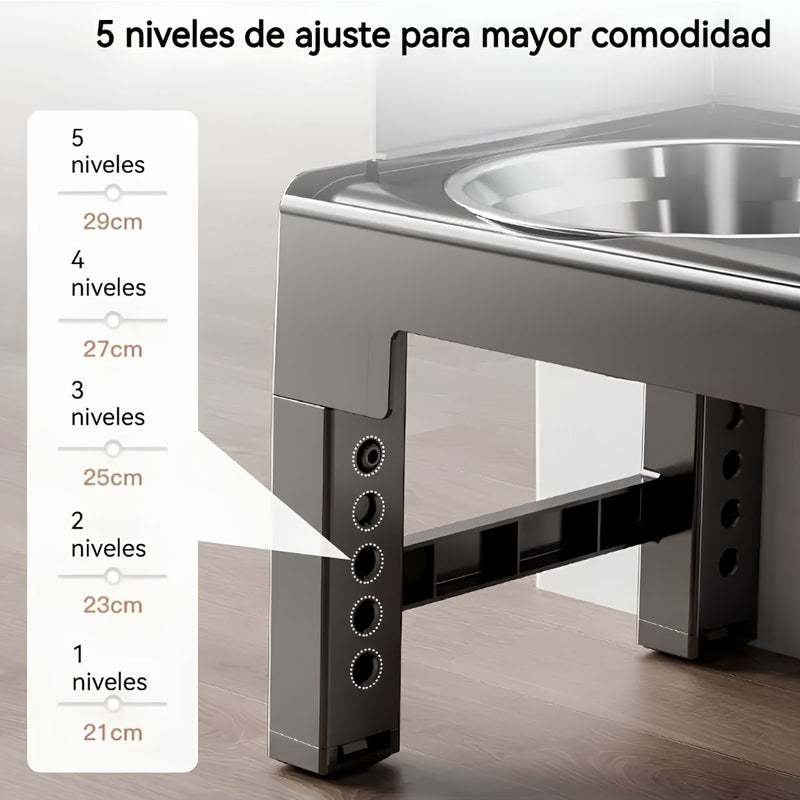 Comedero Elevado Antiderrame para Perros con Plato Comida Lenta Antiahogo Ajustable (21-29cm).(44x24cm) Negro