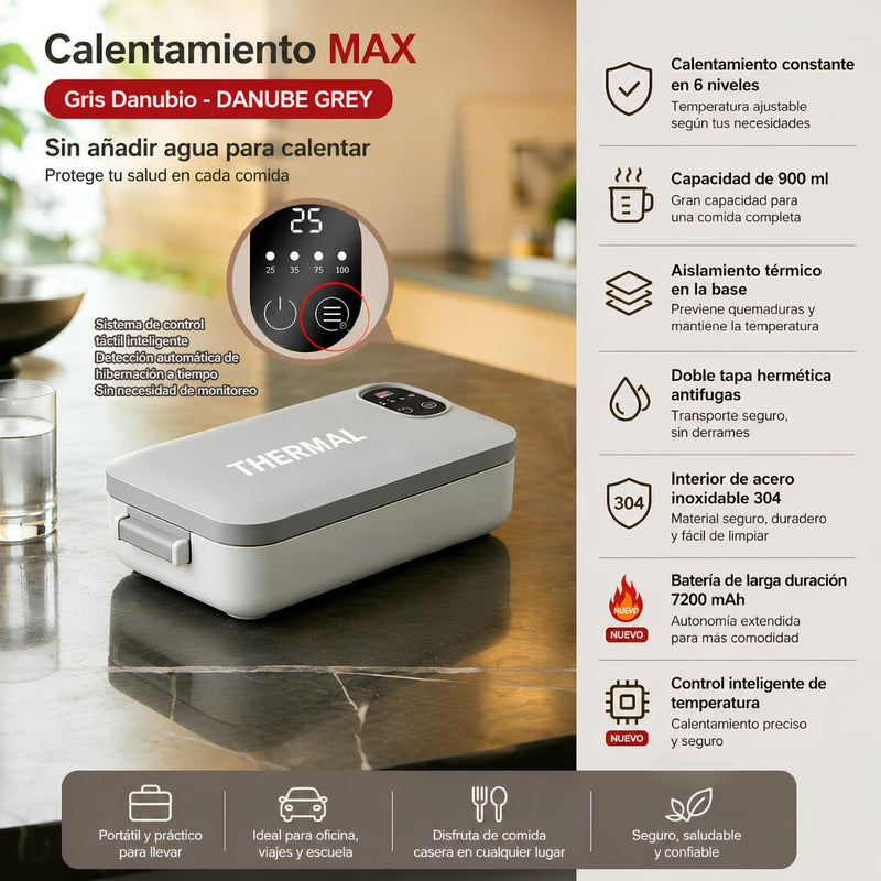 Lonchera Lunch térmica eléctrica recargable USBC para comida con temporizador. Vasija de acero inoxidable 304 de 900 ml. Gris (26x12x7 cm)