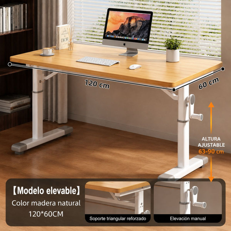 Escritorio Ajustable manivela Manual para Estudio y Oficina. Mesa con Altura Regulable(63-90cm), Estructura de Acero y Tablero Color Madera (120x60cm)