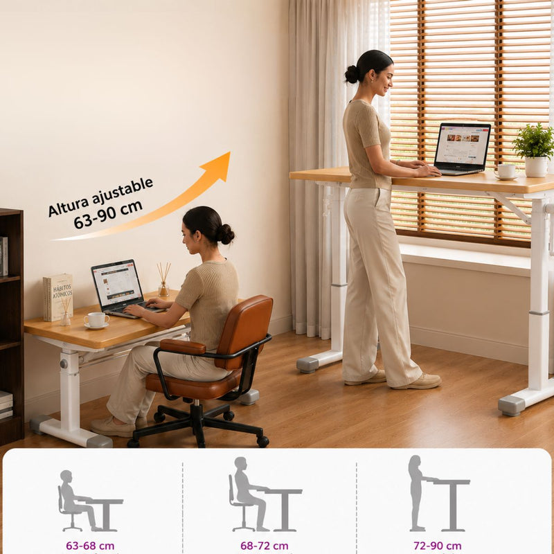 Escritorio Ajustable manivela Manual para Estudio y Oficina. Mesa con Altura Regulable(63-90cm), Estructura de Acero y Tablero Color Madera (120x60cm)