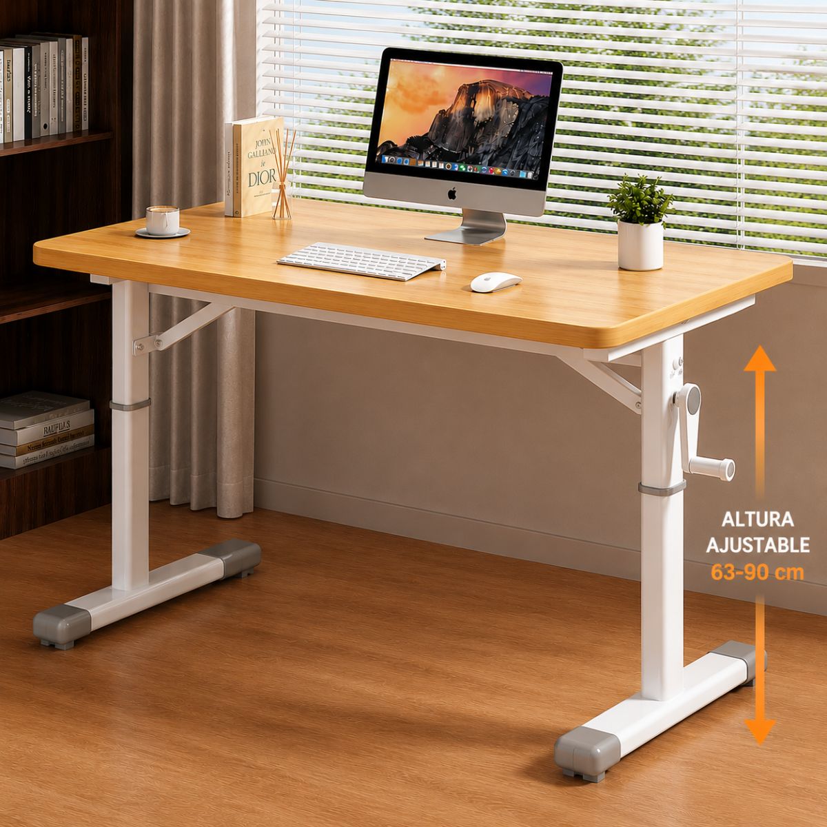 Escritorio Ajustable manivela Manual para Estudio y Oficina. Mesa con Altura Regulable(63-90cm), Estructura de Acero y Tablero Color Madera (120x60cm)