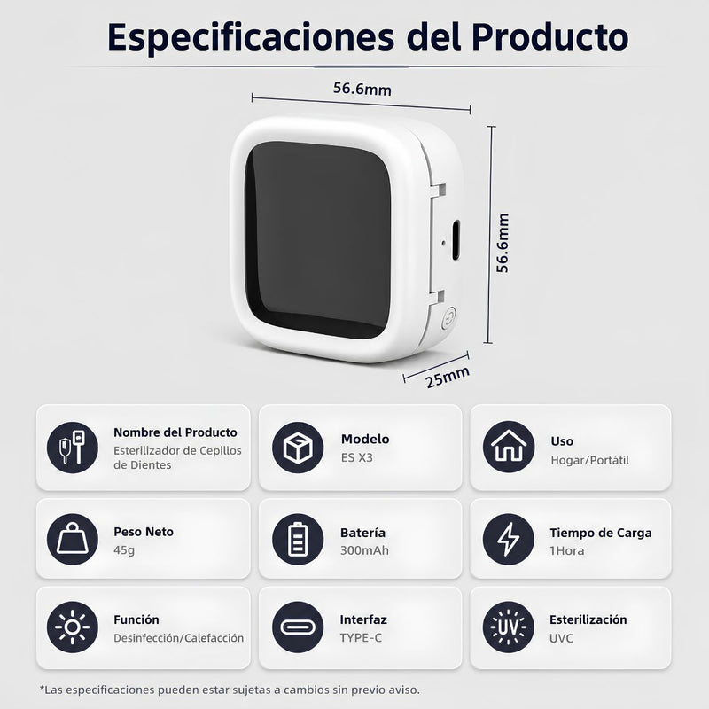 Esterilizador UV para Cepillo Dental con Secado y Carga USBC. Soporte Portátil con Temperatura Constante y Diseño Compacto. Blanco (56.6x56.6x25mm)