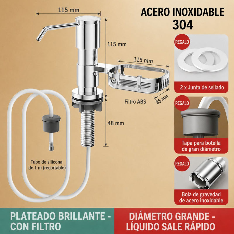 Dispensador de Jabón para Fregador con Bandeja Giratoria. Organizador de Cocina en Acero Inoxidable 304, Gancho 360° y Manguera de 1m. Plateado
