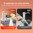 Dispensador de Jabón para Fregador con Bandeja Giratoria. Organizador de Cocina en Acero Inoxidable 304, Gancho 360° y Manguera de 1m. Plateado