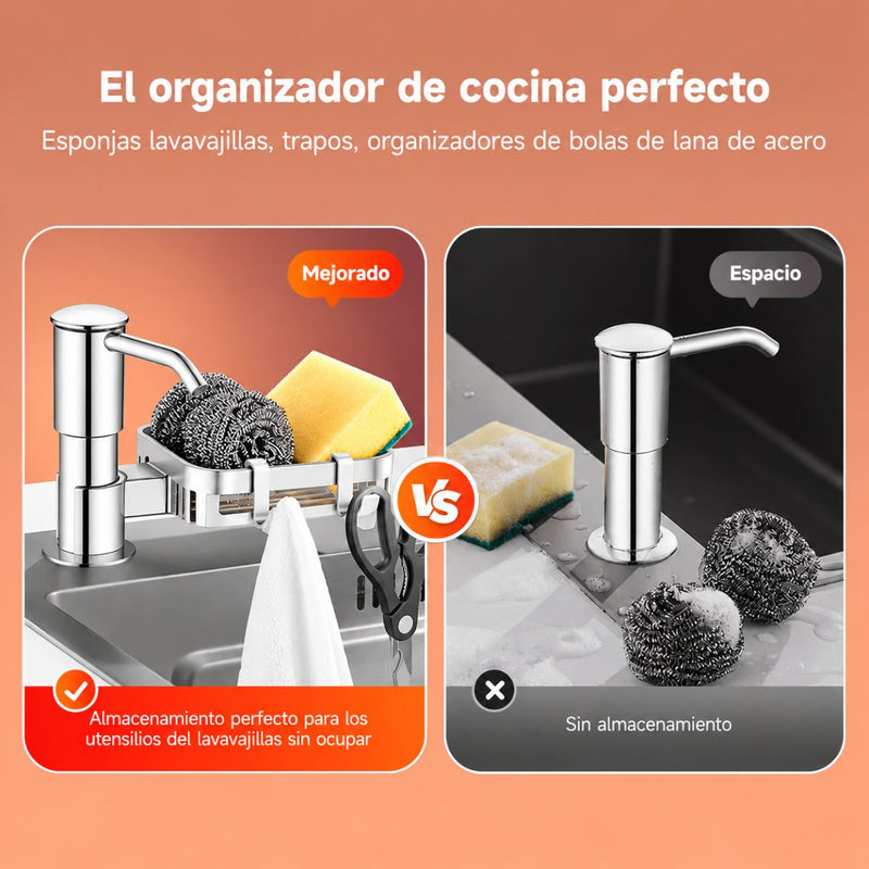 Dispensador de Jabón para Fregador con Bandeja Giratoria. Organizador de Cocina en Acero Inoxidable 304, Gancho 360° y Manguera de 1m. Plateado