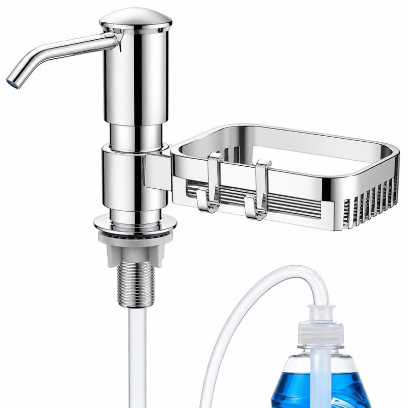 Dispensador de Jabón para Fregador con Bandeja Giratoria. Organizador de Cocina en Acero Inoxidable 304, Gancho 360° y Manguera de 1m. Plateado