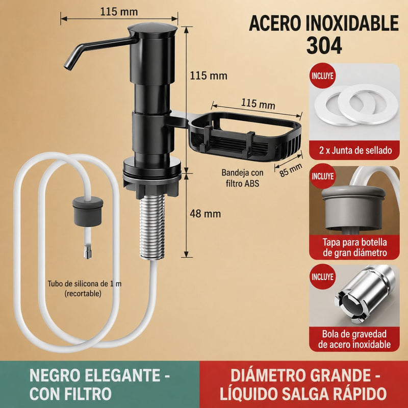 Dispensador de Jabón para Fregador con Bandeja Giratoria. Organizador de Cocina en Acero Inoxidable 304, Gancho 360° y Manguera de 1m. Negro