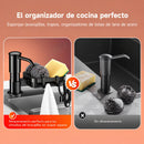Dispensador de Jabón para Fregador con Bandeja Giratoria. Organizador de Cocina en Acero Inoxidable 304, Gancho 360° y Manguera de 1m. Negro