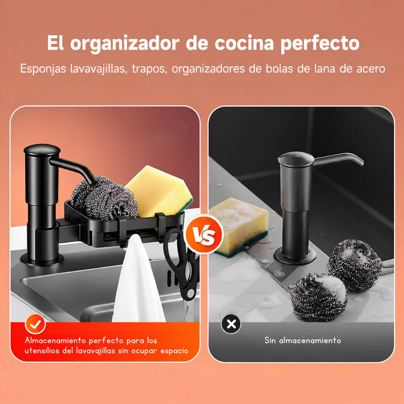 Dispensador de Jabón para Fregador con Bandeja Giratoria. Organizador de Cocina en Acero Inoxidable 304, Gancho 360° y Manguera de 1m. Negro