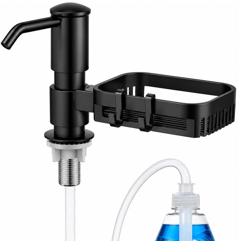 Dispensador de Jabón para Fregador con Bandeja Giratoria. Organizador de Cocina en Acero Inoxidable 304, Gancho 360° y Manguera de 1m. Negro