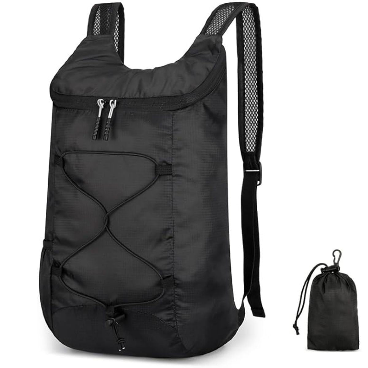 Mochila Plegable Ultraligera Impermeable de 20L con Bolsillos Laterales y Correas Transpirables. Morral Backpack para Viaje Senderismo Camping Escuela. Color Negro