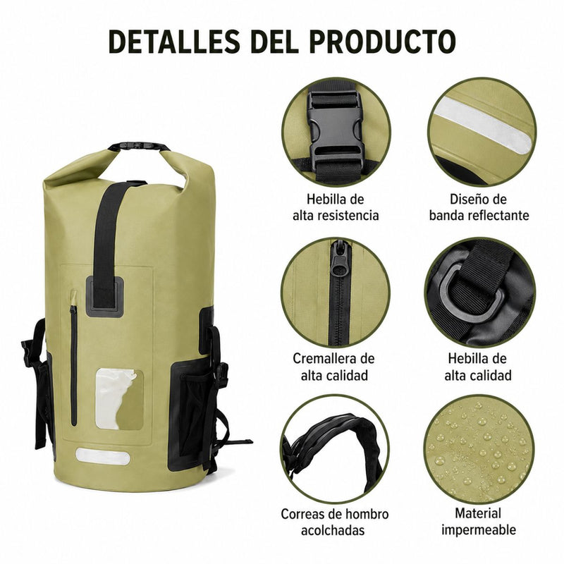 Mochila Impermeable Dry Bag para Deportes Acuáticos. Bolso Waterproof de 55L con Correas Acolchadas, Ventana Transparente y Reflectivo. Verde (33x58cm)