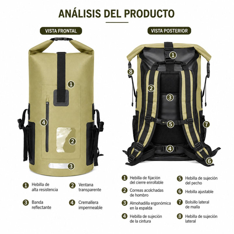 Mochila Impermeable Dry Bag para Deportes Acuáticos. Bolso Waterproof de 35L con Correas Acolchadas, Ventana Transparente y Reflectivo. Verde (28x51cm)