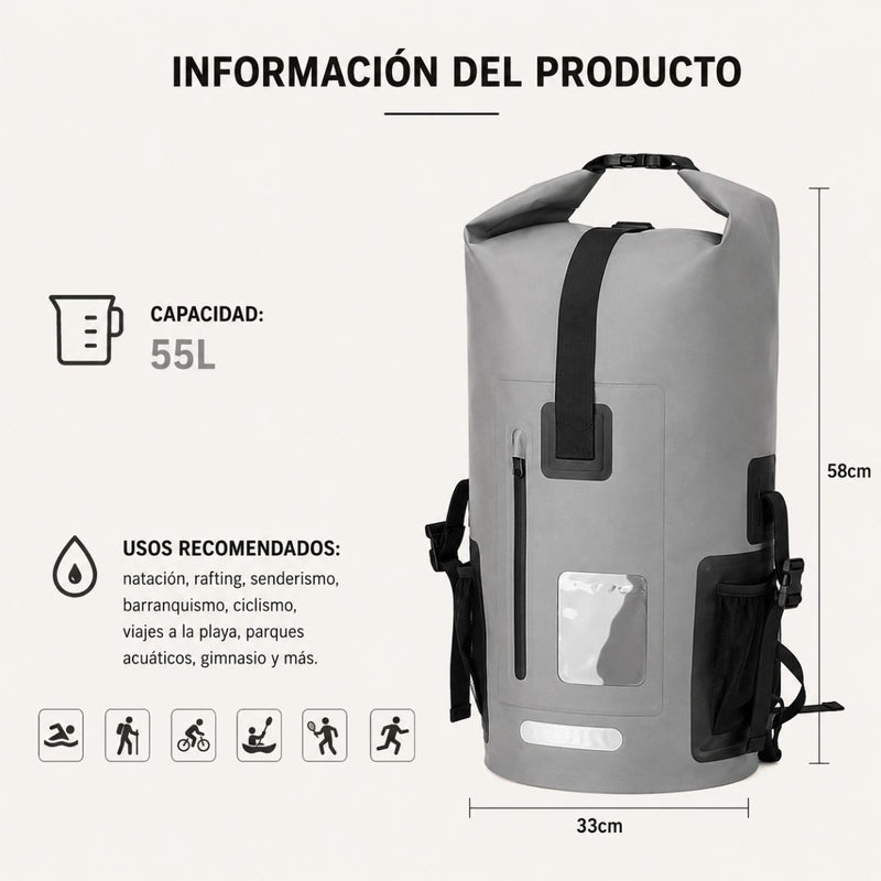Mochila Impermeable Dry Bag para Deportes Acuáticos. Bolso Waterproof de 55L con Correas Acolchadas, Ventana Transparente y Reflectivo. Verde (33x58cm)