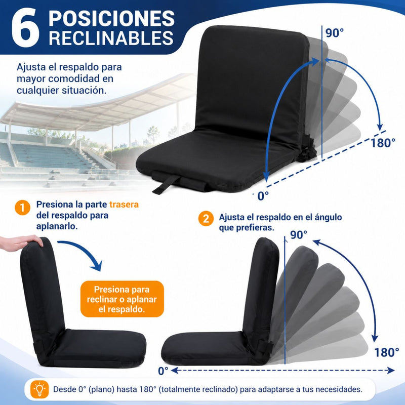Cojin Silla de Piso Plegable Ajustable con Respaldo Reclinable Portátil para gradas de Estadios Eventos y Hogar. (70x44cm) Color Negro