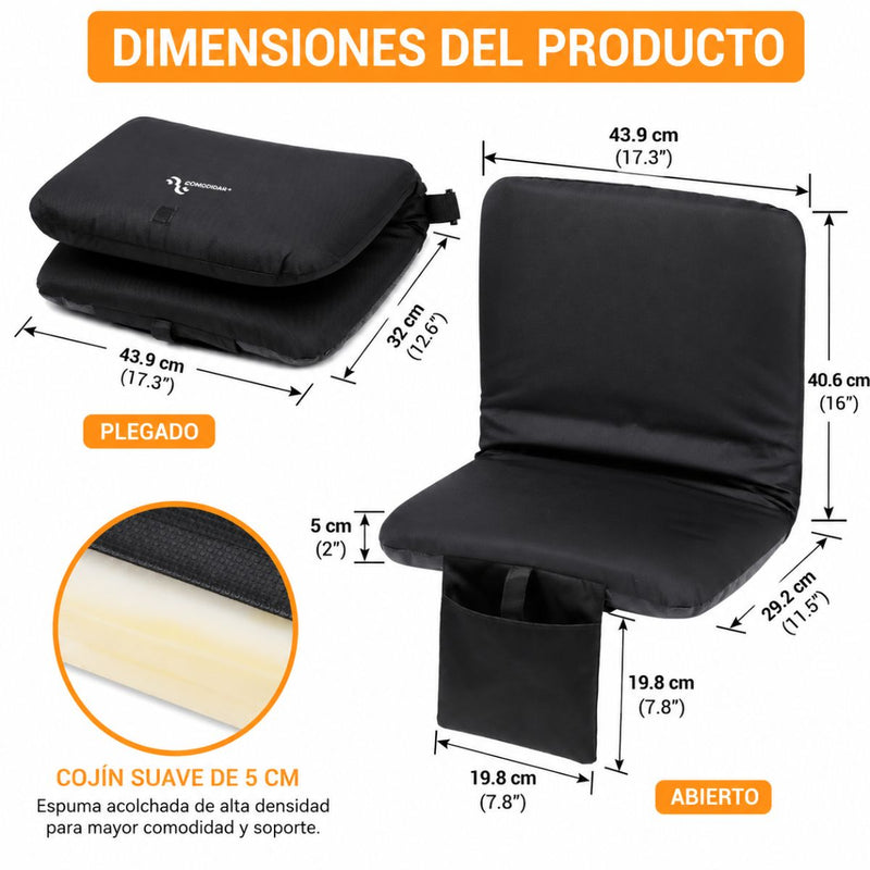 Cojin Silla de Piso Plegable Ajustable con Respaldo Reclinable Portátil para gradas de Estadios Eventos y Hogar. (70x44cm) Color Negro