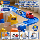 Pista de Carritos Espacial Interactiva para Niños. Set con 2 Mini Carros, 6 Botones de Control y Base de Aventura Espacial. Jueguete de Carreras