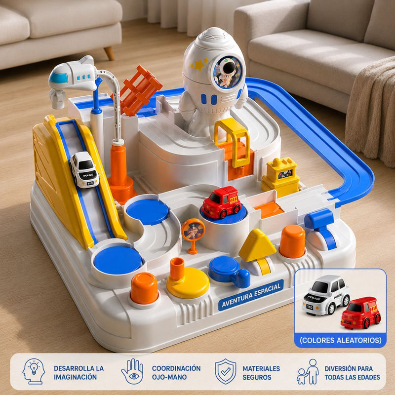 Pista de Carritos Espacial Interactiva para Niños. Set con 2 Mini Carros, 6 Botones de Control y Base de Aventura Espacial. Jueguete de Carreras