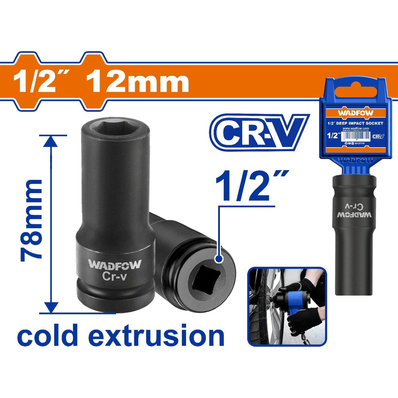 Dado Socket de impacto 1/2" 12mm. Material Cr-V. L: 78 mm. Extrusión en Frío. Tratamiento térmico.