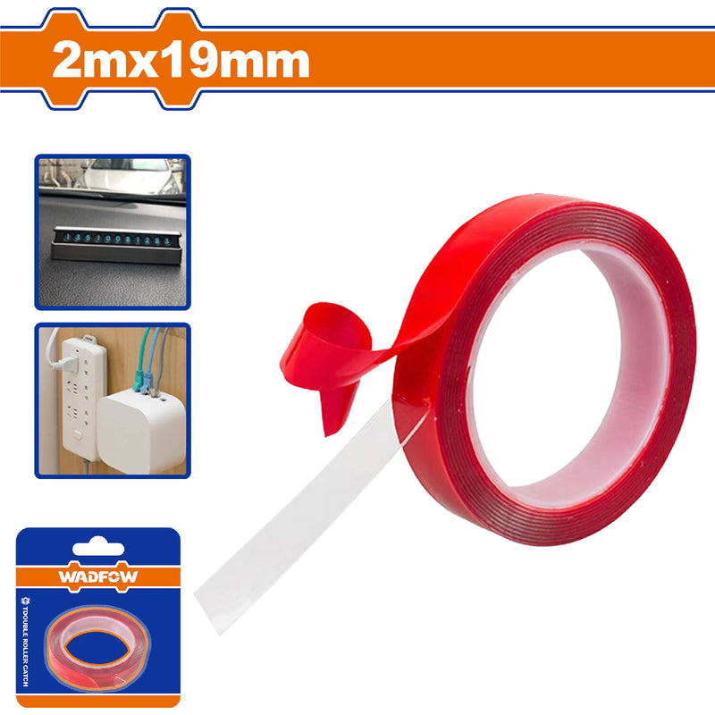 Tape adhesivo doble contacto Rojo 2mx19mm. Esp: 1mm. Fácil de arrancar. Ideal superficies lisas.