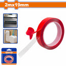Tape adhesivo doble contacto Rojo 2mx19mm. Esp: 1mm. Fácil de arrancar. Ideal superficies lisas.