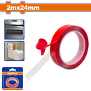 Tape adhesivo doble contacto Rojo 2mx24mm. Esp: 1mm. Fácil de arrancar. Ideal superficies lisas.