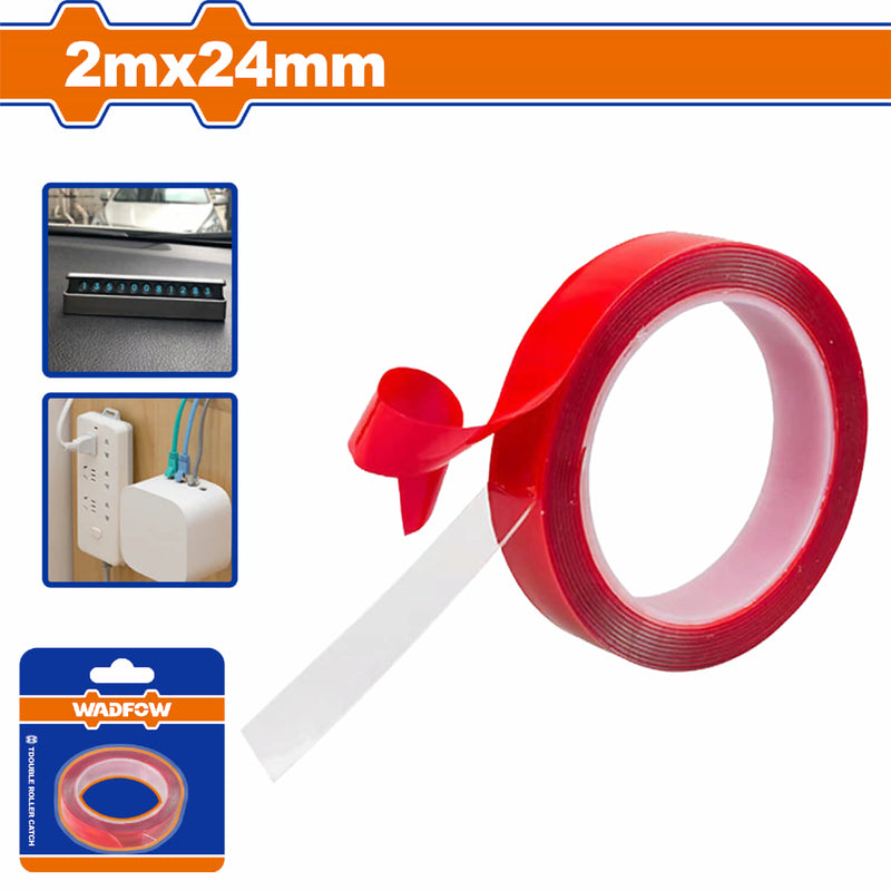 Tape adhesivo doble contacto Rojo 2mx24mm. Esp: 1mm. Fácil de arrancar. Ideal superficies lisas.