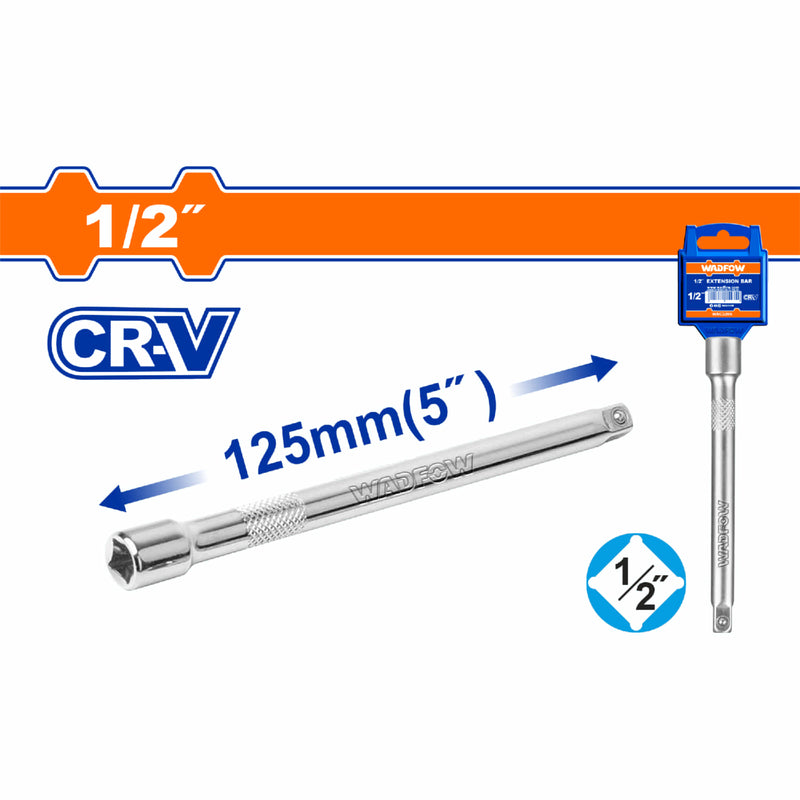 Barra Extensión para Sockets dados de 1/2". Long. 125mm(5") Cr-V. Tratamiento térmico. Cromado.