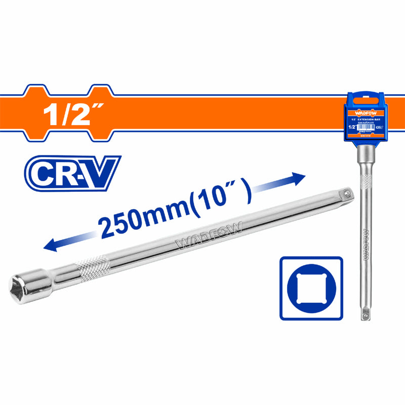 Barra Extensión para Sockets dados de 1/2". Long. 250mm(10") Cr-V. Tratamiento térmico. Cromado.