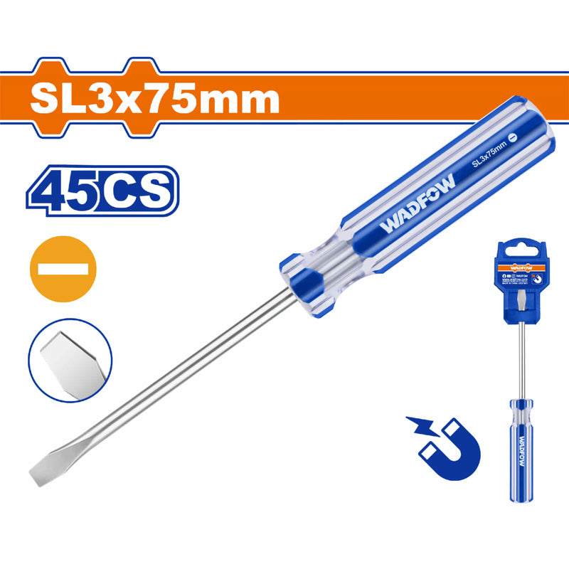 Destornillador plano SL Mango redondo. Ranura:3mm. Diámetro:3mm. Longitud: 75mm. Magnético.