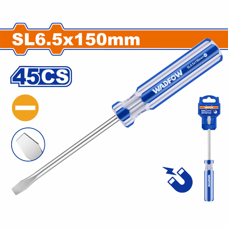 Destornillador plano SL Mango redondo. Ranura:6.5mm. Diámetro:6mm. Longitud: 150mm. Magnético.
