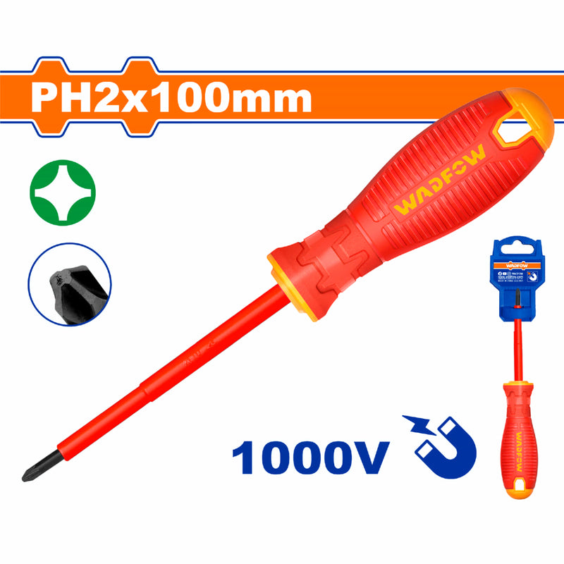 Destornillador Aislado Phillips PH2x100mm Punta Magnética. 1000V. Mango cómodo.