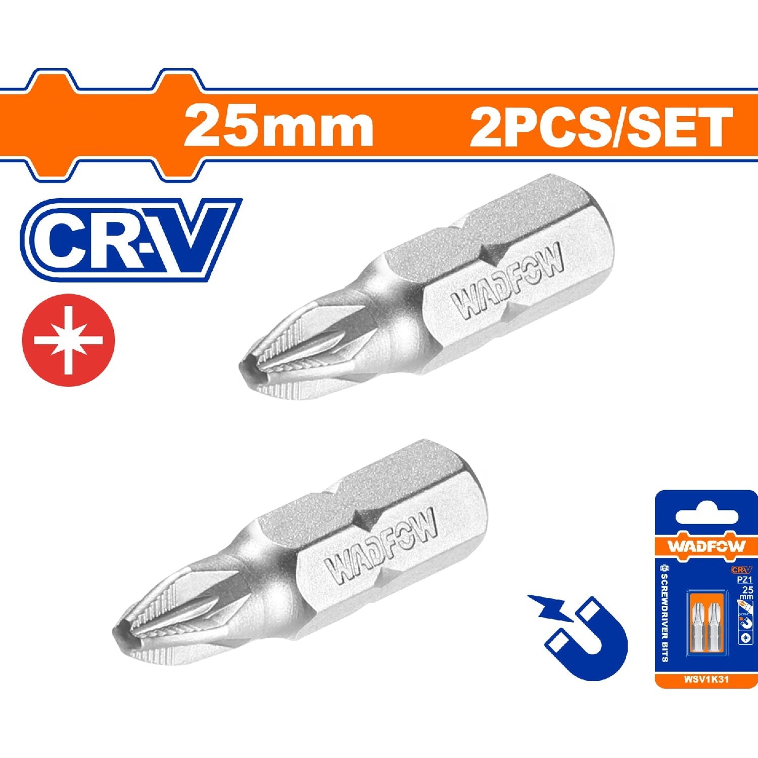 Puntas de destornillador 25mm. CR-V. Set de 2 piezas. Punta magnética. Tipo Pozidrive.