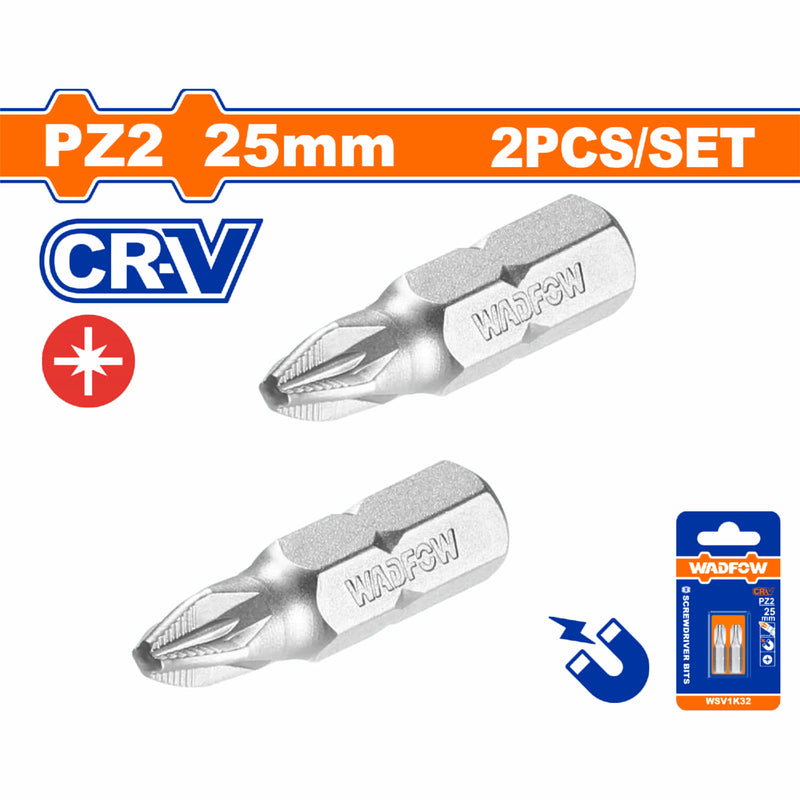 Puntas de destornillador PZ2 25mm. CR-V. Set de 2 piezas. Punta magnética. Tipo Pozidrive.