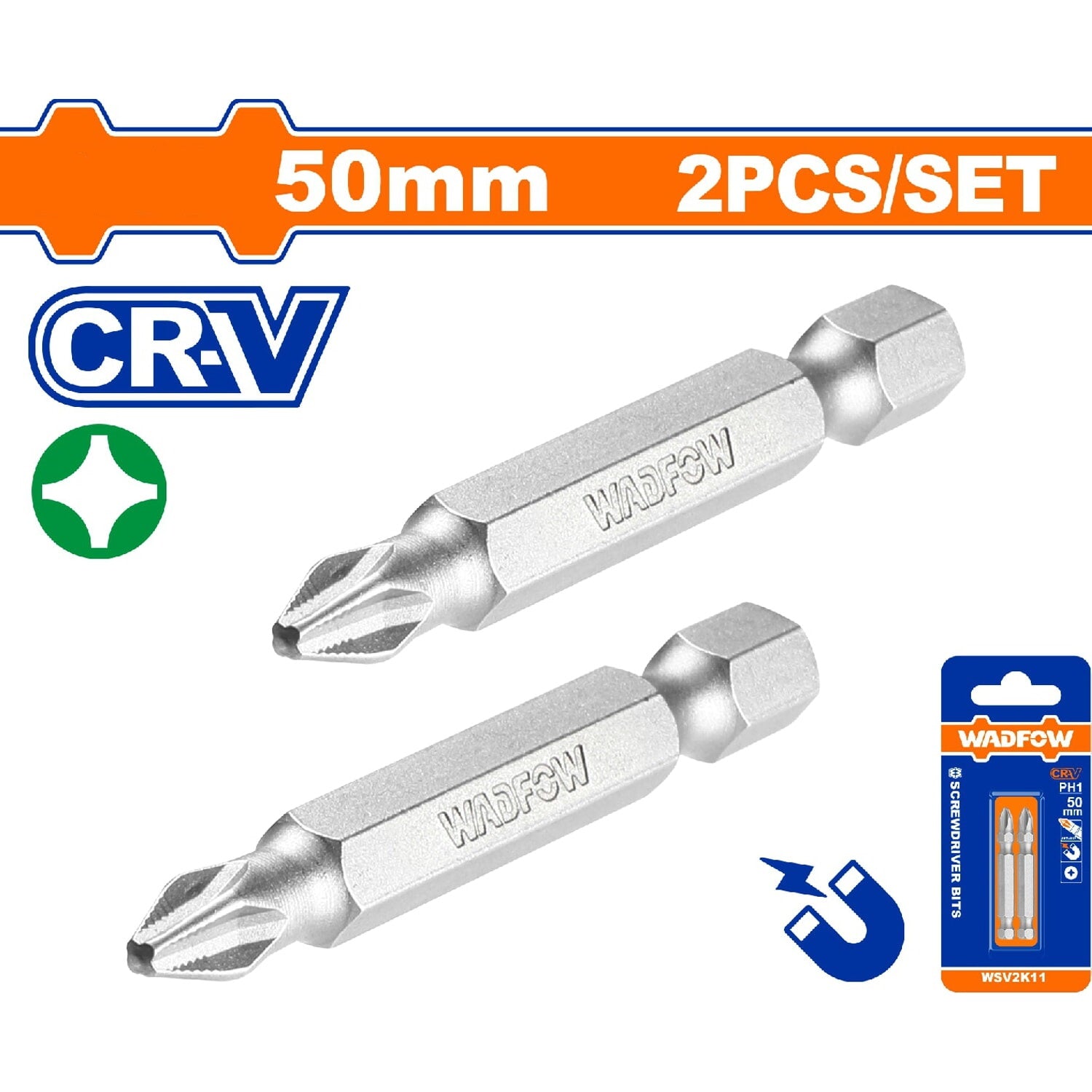 Puntas de destornillador 50mm. CR-V. Set de 2 piezas. Punta magnética. Tipo Phillips.