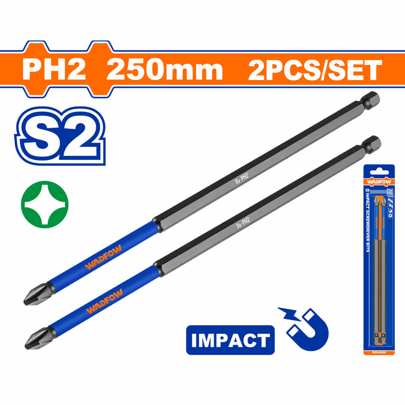 Puntas de destornillador de impacto PH2 250mm. S2. Set 2 pzs. Superficie Magnética. Tipo Phillips. Largas
