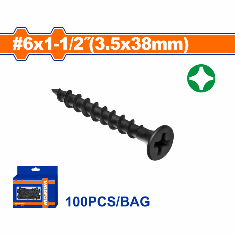 Tornillos para Gypsum (Yeso) 6x1-1/2" Rosca gruesa. Cabeza trompeta. Fosfatizado. Phillips. 100 pzas.