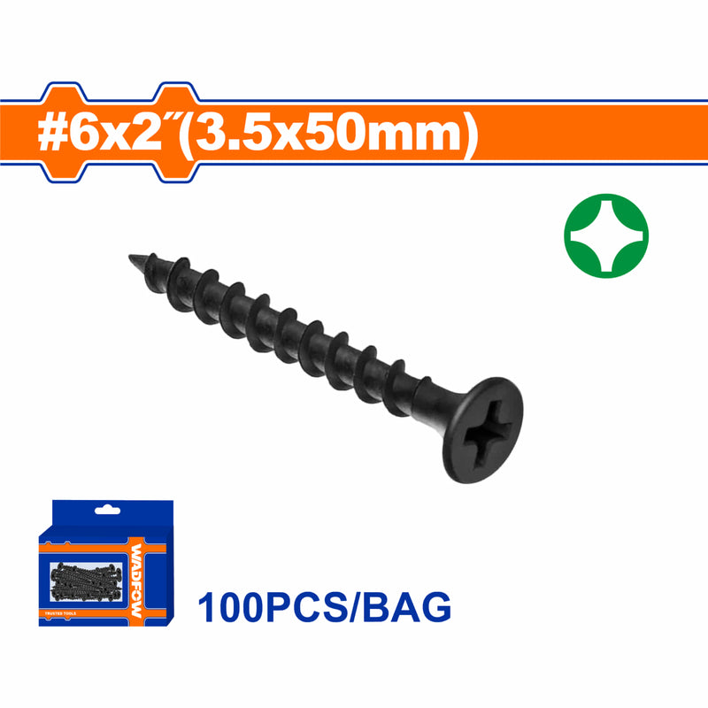 Tornillos para Gypsum (Yeso) 6x2" Rosca gruesa. Cabeza trompeta. Fosfatizado. Phillips. 100 pzas.