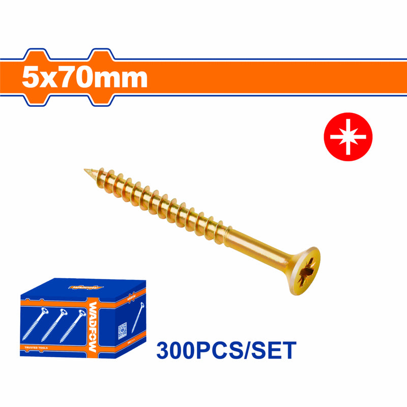 Tornillos para aglomerado 5x70mm. Pozidrive. Cabeza avellanada. Amarillo. 300 pzas.