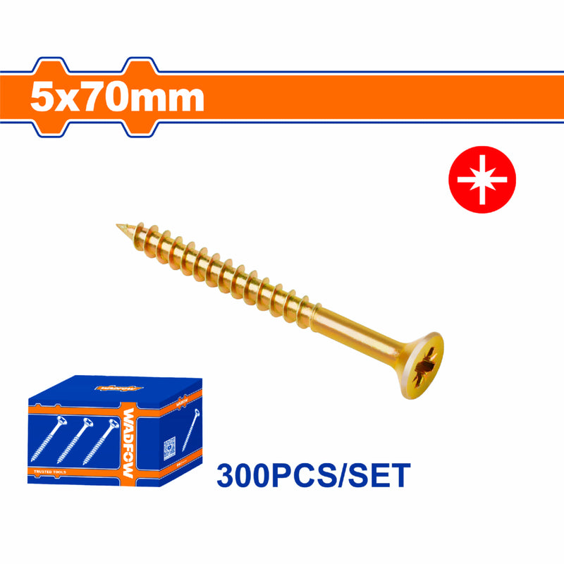 Tornillos para aglomerado 5x70mm. Pozidrive. Cabeza avellanada. Amarillo. 300 pzas.