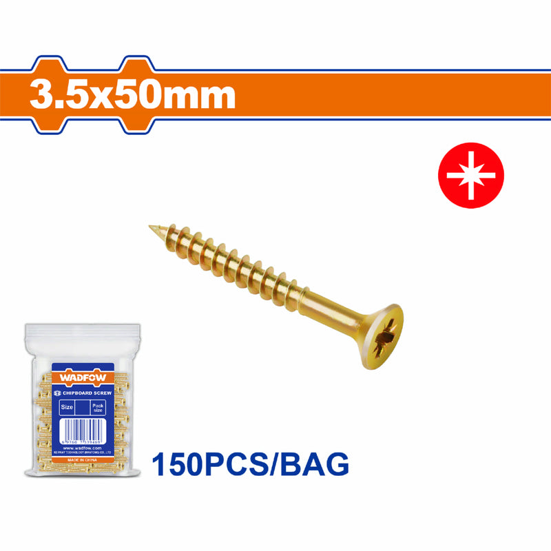 Tornillos para aglomerado 3.5x50mm. Pozidrive. Cabeza avellanada. Amarillo. Paq. de 150 piezas.