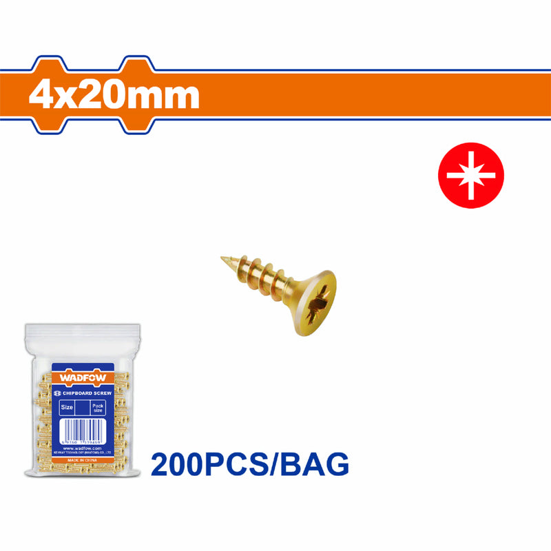 Tornillos para aglomerado 4x20mm. Pozidrive. Cabeza avellanada. Amarillo. Paq. de 200 piezas.