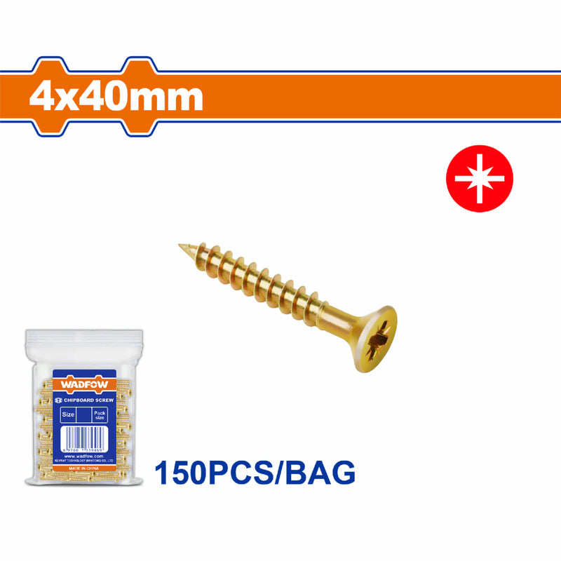 Tornillos para aglomerado 4x40mm. Pozidrive. Cabeza avellanada. Amarillo. Paq. de 150 piezas.