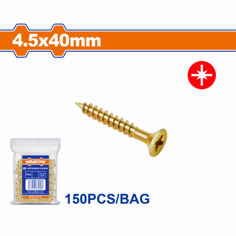 Tornillos para aglomerado 4.5x40mm. Pozidrive. Cabeza avellanada. Amarillo. Paq. de 150 piezas.