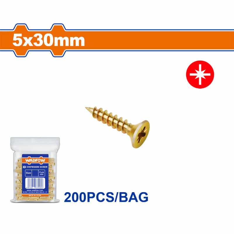 Tornillos para aglomerado 5x30mm. Pozidrive. Cabeza avellanada. Amarillo. Paq. de 200 piezas.